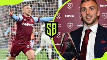 West Ham's Jarrod Bowen celebrates against Man United at London Stadium on the left while on the right is him receiving an award