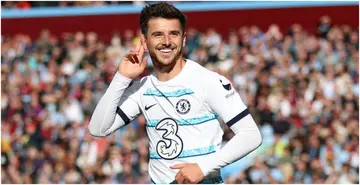 Mason Mount celebrates after scoring during the Premier League match between Aston Villa and Chelsea. Photo by Naomi Baker.