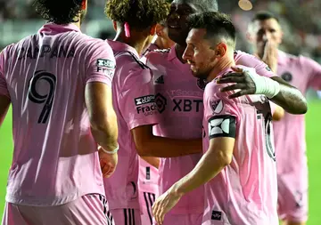 Inter Miami's Argentine forward Lionel Messi celebrates scoring his team's fourth goal in a Leagues Cup quarter-final football victory over Charlotte