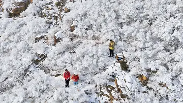 Three mountaineering enthusiasts take photos of the snow
