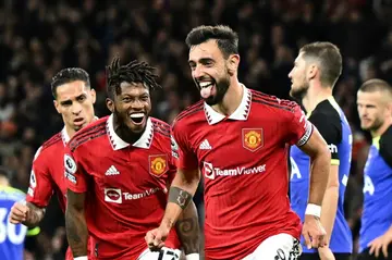 Bruno Fernandes (centre) ended his goal drought in Manchester United's 2-0 win over Tottenham