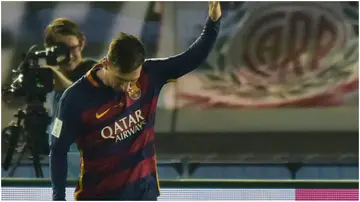 Lionel Messi gestures after scoring during the FIFA Club World Cup final match between River Plate and FC Barcelona at International Stadium Yokohama. Photo by Amilcar Orfali.