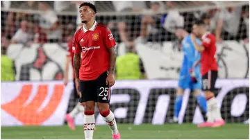 Jadon Sancho looks disappointed during the UEFA Europa League match between Sevilla and Manchester United at the Estadio Ramon Sanchez Pizjuan. Photo by Soccrates.