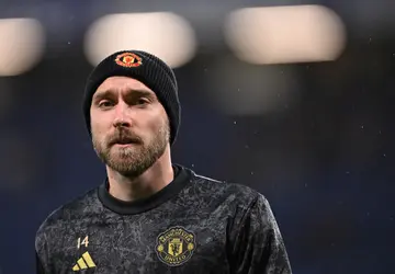 Christian Eriksen of Manchester United looks on during warm up ahead of the Premier League match between Chelsea FC and Manchester United at Stamford Bridge