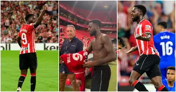 Inaki Williams celebrates his goal for Athletic Club against Getafe and gives young fans his kit after the game.