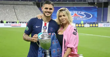 Mauro Icardi and his wife Wanda Nara celebrate PSG'ss French Cup triumph at Stade de France on July 24, 2020 in Saint-Denis near Paris, France. (Photo by Jean Catuffe/Getty Images)