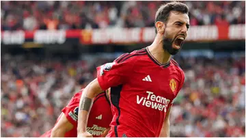 Bruno Fernandes celebrates after scoring during the Premier League match between Manchester United and Nottingham Forest at Old Trafford. Photo by Stu Forster.