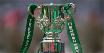 The Carabao Cup trophy ahead of the final match between Manchester United and Newcastle United at Wembley Stadium on February 26, 2023.