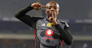 Zakhele Lepasa celebrates after scoring for Orlando Pirates.