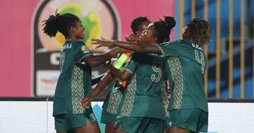 Hasaacas Ladies celebrating their goal against Malabo Kings. SOURCE: Twitter/ @CAFWomen