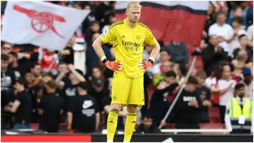 Aaron Ramsdale looks dejected during the Premier League match between Arsenal FC and Brighton at Emirates Stadium. Photo by David Price.