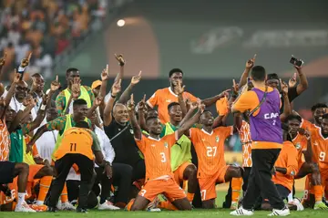 Jubilant Ivory Coast players celebrate making the Africa Cup of Nations final on home turf