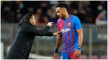Xavi Hernandez gives instructions to Pierre-Emerick Aubameyang during the La Liga match between Barcelona and Sevilla at the Camp Nou on April 3, 2022. Photo: Jose Breton.