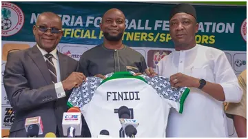 The Nigeria Football Federation unveils Finidi George as the new Super Eagles manager in Abuja on Monday, May 13. Photo: @NGSuperEagles.