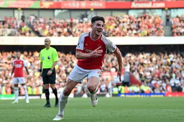 Declan Rice celebrates after scoring Arsenal's second goal against Manchester United