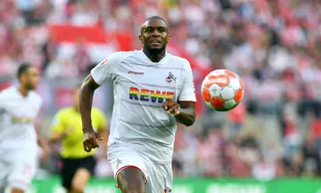 Cologne's French forward Anthony Modeste eyes the ball during the German first division Bundesliga football match 1 FC Cologne vs RB Leipzig, in Cologne, western Germany, on September 18, 2021.