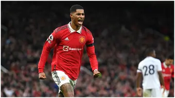 Marcus Rashford celebrates after scoring during the Premier League match between Manchester United and Crystal Palace at Old Trafford. Photo by Michael Regan.