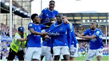 Everton players celebrate during their Premier League match against Bournemouth at Goodison Park. Photo by Tony McArdle.