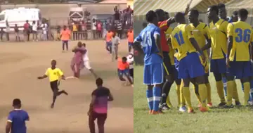 A referee running for his life in a game between New Edubiase and Bekwai Youth FC. Credit: @ghanasoccernet