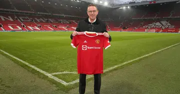 Ralf Rangnick poses at Old Trafford on December 03, 2021 in Manchester, England. (Photo by Matthew Peters/Manchester United via Getty Images)
