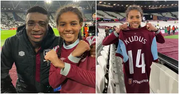Mohammed Kudus poses with a young West Ham United fan after the victory over Freiburg.