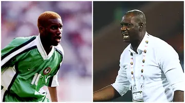 Former Super Eagles coach, Augustine Eguavoen (right), has hailed "Jay-Jay" Okocha as the best he's ever played with. Photos: Clive Brunskill and Daniel Beloumou Olomo.