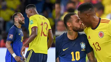 Neymar and Yerry Mina in action during their respective teams' World Cup qualifier. Photo by JUAN BARRETO.