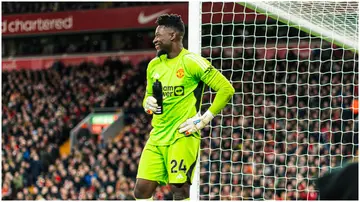 Andre Onana looks on during the Premier League match between Liverpool FC and Manchester United at Anfield. Photo by MB Media.