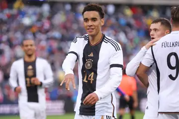 Jamal Musiala of German celebrates after scoring the third goal in his team's 3-1 friendly win over the USA on Saturday