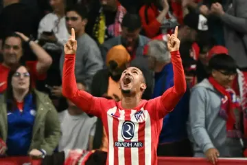 Atletico Madrid's Brazilian wide man Samuel Lino celebrates scoring what proved the winning goal in the first leg