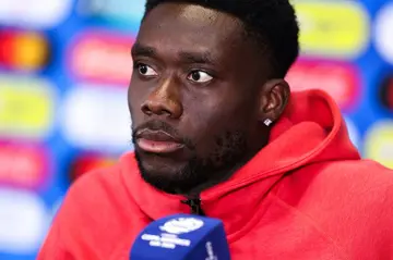 Canada captain Alphonso Davies speaks during a press conference one day before the Copa America group A match against Argentina at Mercedes Benz Stadium in Atlanta.