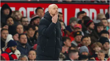 Erik ten Hag looks dejected during the Premier League match between Manchester United and Aston Villa at Old Trafford. Photo by James Gill.