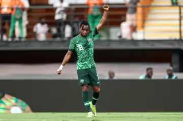 Ademola Lookman celebrates after scoring in Nigeria's 1-0 win over Angola in the Africa Cup of Nations quarter-finals