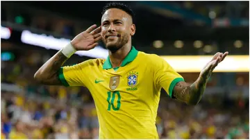 Neymar Jr. reacts after assisting a goal against Colombia during the first half of their friendly at Hard Rock Stadium. Photo by Michael Reaves.