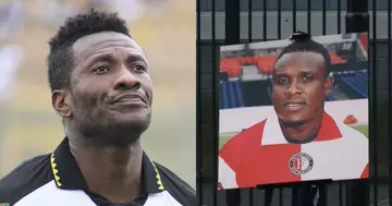 Asamoah Gyan playing for Ghana. SOURCE: Twitter/ @FrankDarkwah @Feyenoord