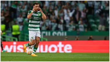 Manuel Ugarte celebrates during the UEFA Europa League match between Sporting CP and Juventus at Estadio Jose Alvalade. Photo by Carlos Rodrigues.