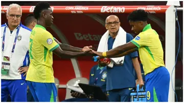 Vinicius Jr subbed off for Endrick during the 2024 Copa America tournament Group D football match between Brazil and Costa Rica at SoFi Stadium, California on June 24, 2024. Photo: Patrick T. Fallon.