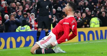 Cristiano Ronaldo of Manchester United celebrates after scoring his first go during the Premier League match between Manchester United and Brighton. (Photo by James Gill - Danehouse/Getty Images)