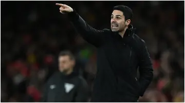 Mikel Arteta gestures on the touchline during the English FA Cup third-round football match between Arsenal and Liverpool at the Emirates Stadium. Photo by Ben Stansall.
