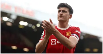 Harry Maguire applauds the fans after the Premier League match between Manchester United and Norwich City at Old Trafford. Photo by Manchester United.