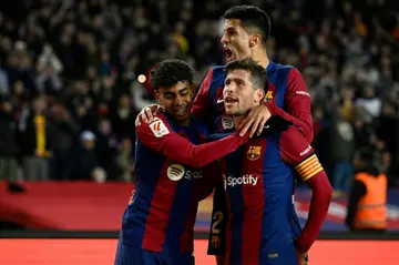 Sergi Roberto celebrates after scoring Barcelona's winner against Almeria