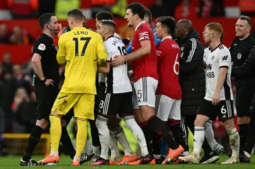 Manchester United and Fulham players surround referee Chris Kavanagh