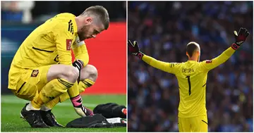 David de Gea reading tactics for penalties during the Emirates FA Cup Semi-Final match between Brighton and Manchester United at Wembley Stadium. Photo by Sebastian Frej.