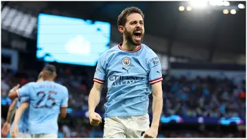 Bernardo Silva celebrates after scoring during the UEFA Champions League semi-final second-leg match between Manchester City FC and Real Madrid at Etihad Stadium. Photo by Jan Kruger.