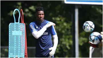 Andre Onana in action during a Manchester United pre-season training session at Pingry School. Photo by Matthew Peters.