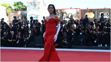 Georgina Rodriguez poses during the red carpet of the movie "Enea" presented in competition at the 80th Venice Film Festival. Photo by Gabriel Bouys.