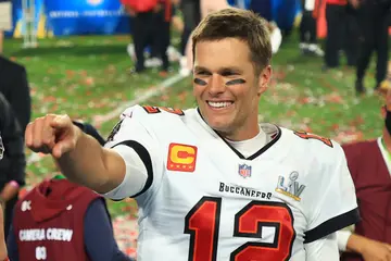 Tom Brady #12 of the Tampa Bay Buccaneers celebrates after defeating the Kansas City Chiefs in Super Bowl LV at Raymond James Stadium in Tampa, Florida
