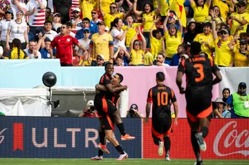 Colombia's Jhon Arias celebrates after firing his team into the lead during a 5-1 drubbing of the USA in Landover, Maryland on Saturday