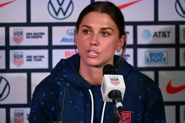 United States star Alex Morgan speaking to reporters in Auckland on Tuesday