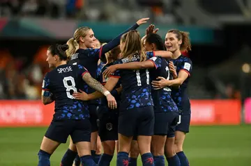 Esmee Brugts (2nd R) is congratulated by teammates after her superb goal in the Netherlands' win over Vietnam